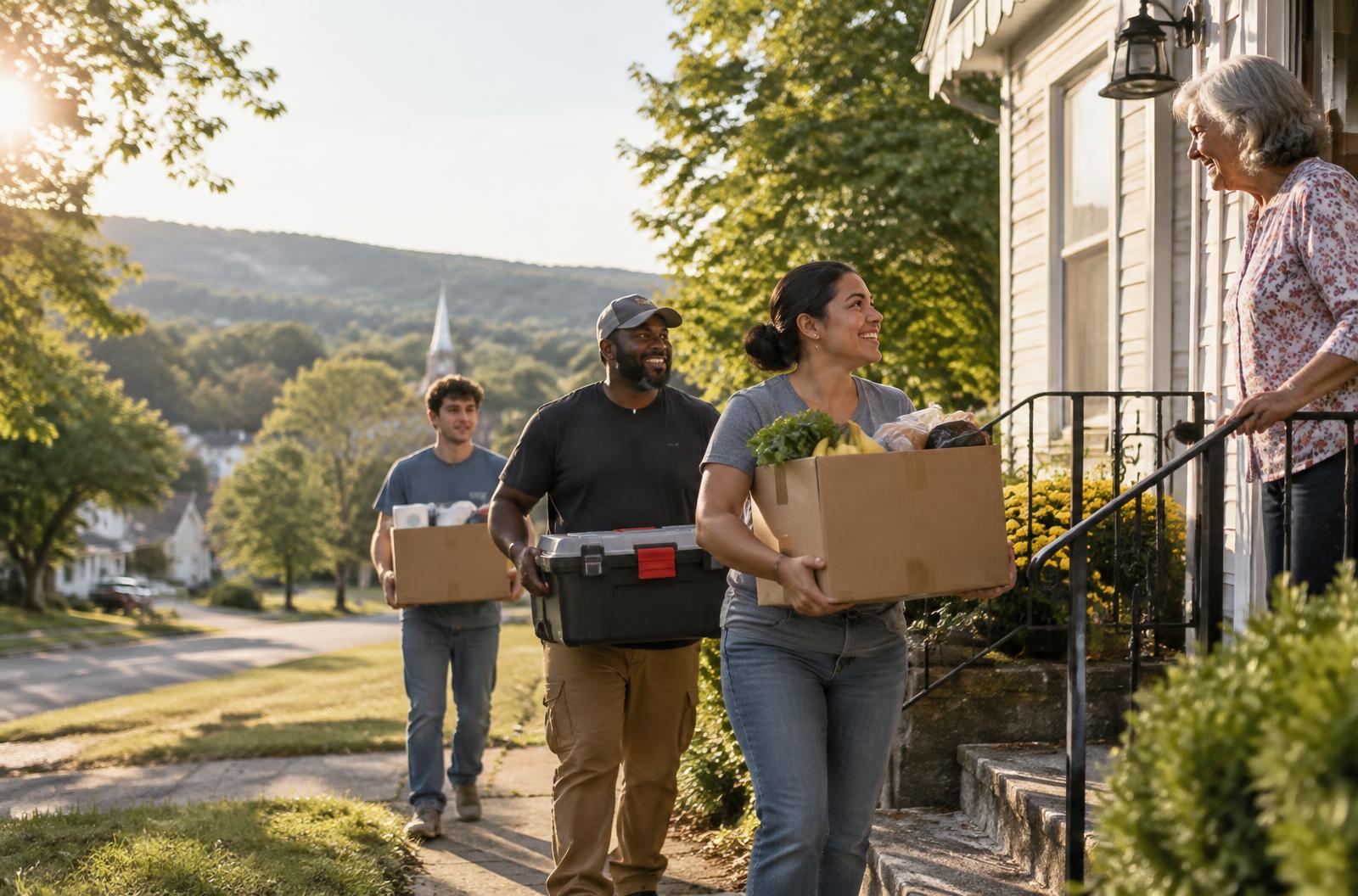 Neighbors delivering groceries and repair supplies to a community member